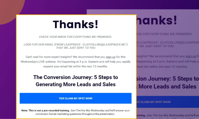 Thank you landing page with confirmation message and next steps for the user